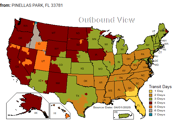US Map Showing UPS Transit Times