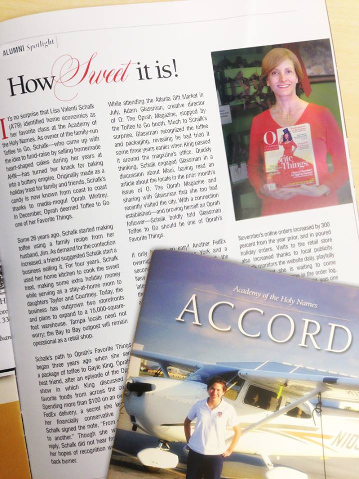 Toffee to Go's Lisa Schalk for your Alumni Spotlight in the Spring 2014 issue of Accord Magazine